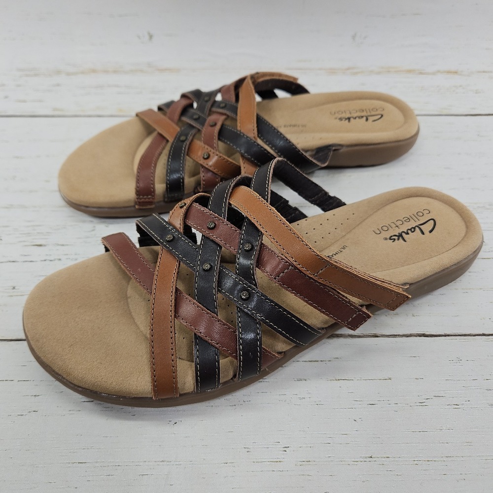 Clarks Elizabelle Rio Slide Sandals Womens 8.5 Brown‎ Leather Strappy Adjustable